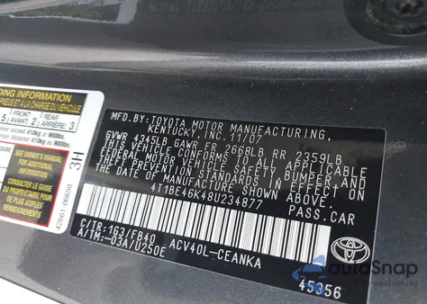 2008 Toyota Camry Le из США, поврежденный, VIN 4T1BE46K48U234877